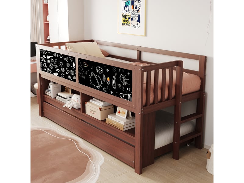  Lit enfant 90x200 cm avec échelle d'escalade, lit superposé en bois massif avec tableau noir, lit simple enfant, marron  - Conforama C