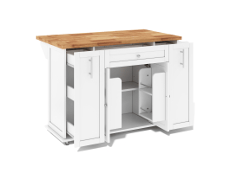  Îlot de cuisine mobile blanc et bois naturel en mdf, plateau rabattable, roulettes verrouillables, 120 × 45 (70) × 87 cm  - Conforama A