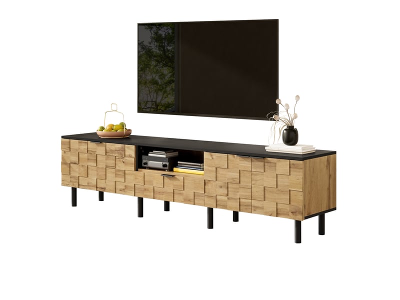  Meuble tv ulevr avec rangement 170 cm, 2 portes, tiroir, niche ouverte et passe-câbles, panneau de particules naturel et noir  - Conforama A
