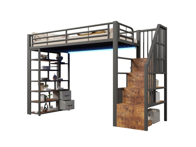 Lit mezzanine 90x200 cm, escalier rangement, 2 tiroirs, led, métal et mdf, noir et blanc, sans matelas - Conforama A