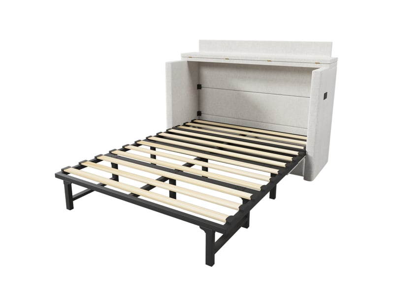  Lit escamotable 140 x 200 cm avec un tiroir, lit mobile avec compartiment de rangement, ports usb et type-c, lit plateforme convertible, sans matelas, lin, beige  - Conforama D