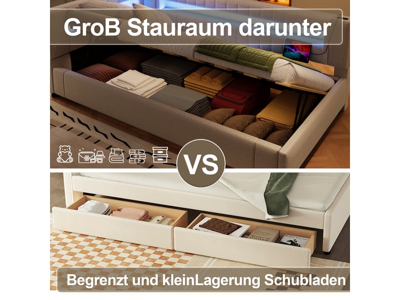  Lit de jour 90x200 banquette lit en lin beige avec rangement hydraulique et led  - Conforama E