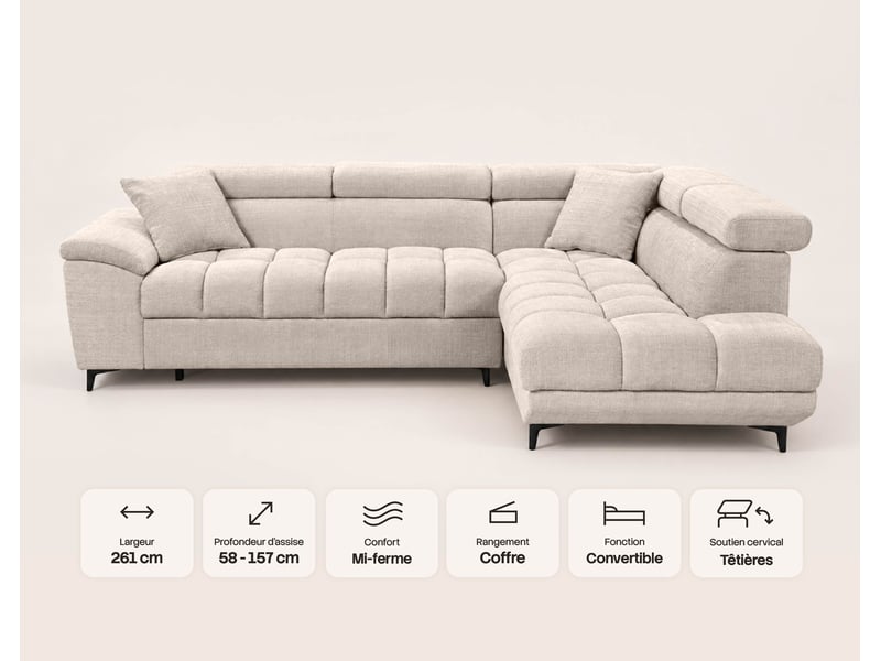  Camille - canapé d'angle droit 5 places convertible avec têtières et coffre en velours texturé - best mobilier - terracotta CAMILLE - Conforama E