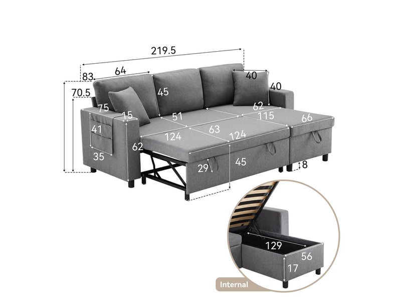  Canapé d'angle convertible,3 places, avec couchage et espace de rangement,lin,219,5×142,5×83 cm,gris  - Conforama C