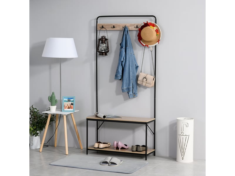  Porte-manteau 3 en 1 avec banc et étagère à chaussures, style industriel, mobilier d'entrée vintage en bois et acier, 80,5 x 30 x 170 cm, noir  - Conforama B