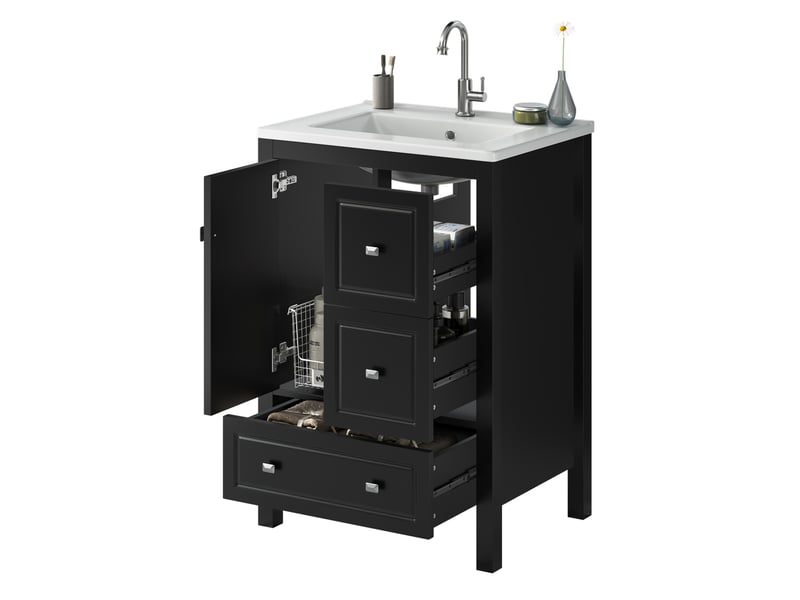  Meuble vasque sur pied 62x47x90 cm avec 3 tiroirs noir  - Conforama A