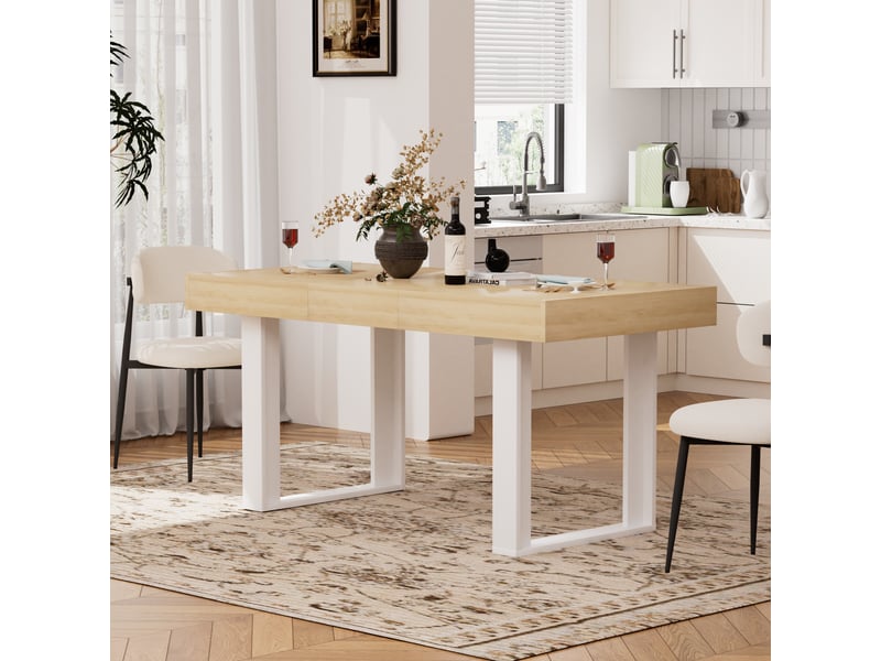  Table à manger extensible 8 places, plateau coulissant - lpospi - style rétro, panneau de particules naturel et blanc, 120–160 cm  - Conforama C