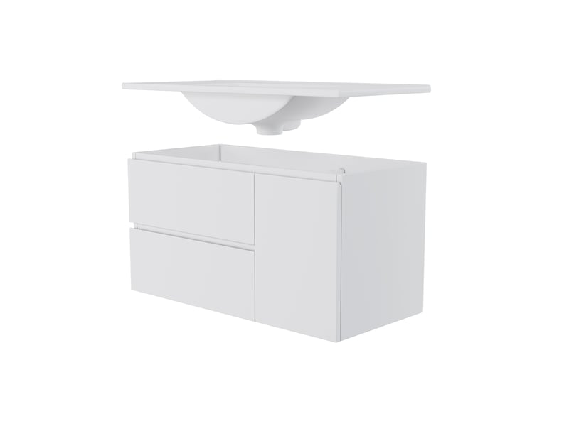  Meuble vasque mural salle de bain blanc 91,5 cm avec lavabo céramique, led radar et 2 tiroirs silencieux  - Conforama A