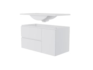 Meuble vasque mural salle de bain blanc 91,5 cm avec lavabo céramique, led radar et 2 tiroirs silencieux