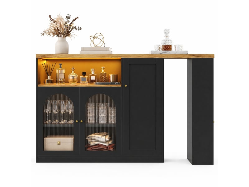  Table bar 360° rotative avec bureau intégré en mdf noir mat et vernis bois - placard à vins et boissons avec porte vitre et éclairage led  - Conforama A