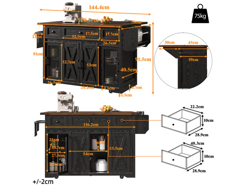 Desserte de cuisine 120.2x45.3x91.5 cm plateau extensible avec raccordement électrique mdf noir - Conforama C