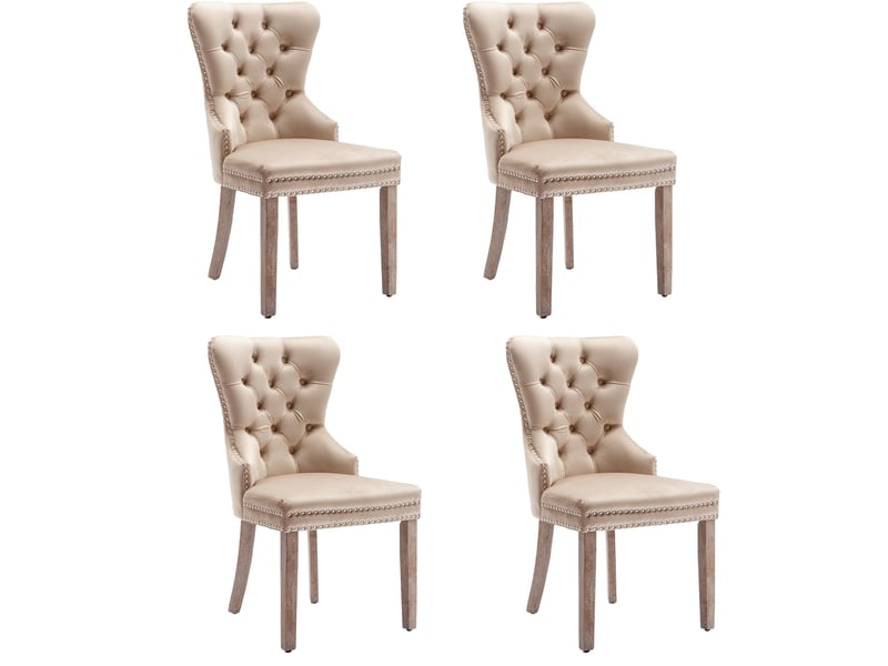  Lot de 4 chaises salle à manger velours beige, assise rembourrée, dossier décoratif, pieds métal, design moderne chic  - Conforama A