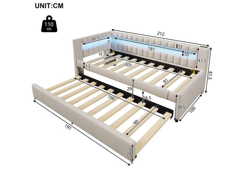  Lit gigogne pour jeune, 90x200 cm et 90x190 cm, led avec télécommande et ports usb et type c, lin et mdf, coloris beige  - Conforama C