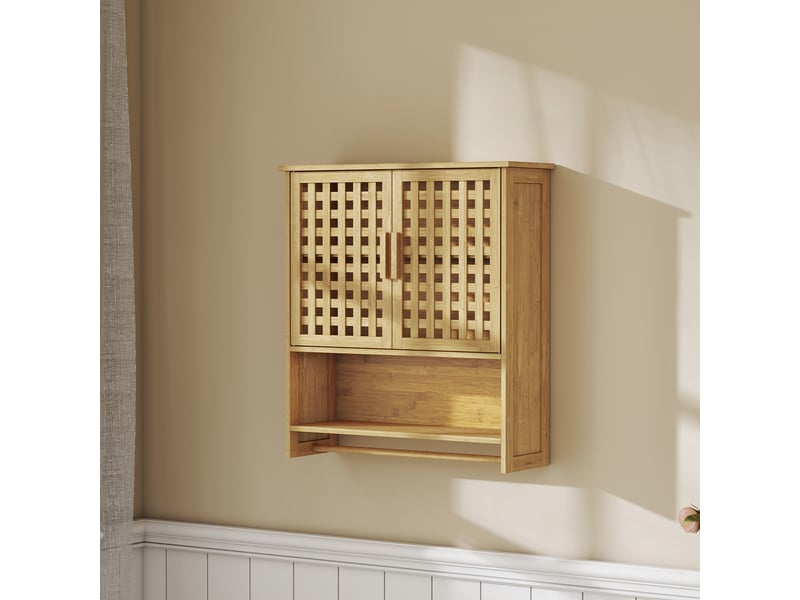  Armoire murale de salle de bain en bambou avec 2 portes ajourées, compartiment ouvert et étagère réglable, bois naturel  - Conforama A