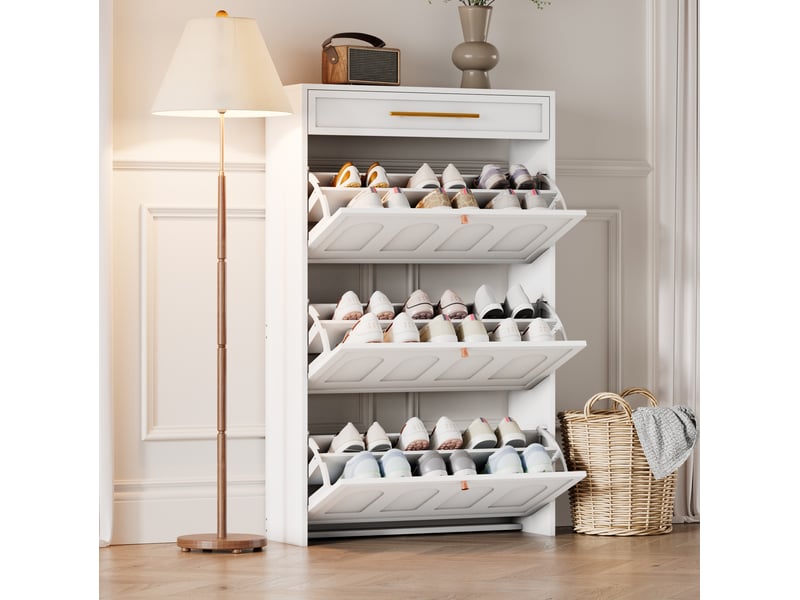  Meuble à chaussures ulevr avec 6 compartiments et tiroir, 70 x 25 x 123,5 cm, mdf blanc, portes abattantes  - Conforama D