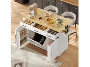 Desserte de cuisine mobile 136x75x92 cm avec plateau rabattable mdf blanc et naturel