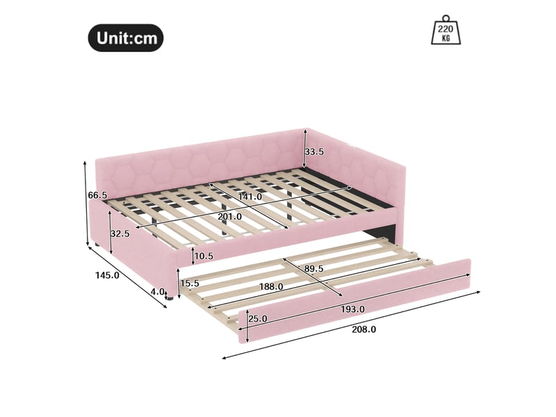  Lit de jour 140x200 canapé-lit rose avec lit gigogne multifonction ports usb type-c et lampe de chevet  - Conforama C