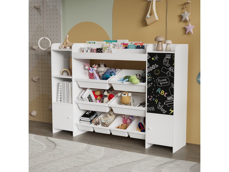  Bibliothèque enfant - 137x30x94,5 cm - meuble de rangement jouets, bac amovibles, tableau noir dessin - blanc  - Conforama C