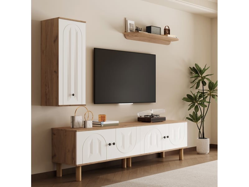  Ensemble meuble tv modenvie 3 pièces blanc et bois naturel avec rangement  - Conforama E