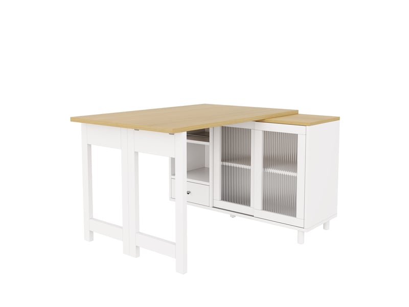  Table à manger pliante extensible 120x40x75,5 cm, panneau de fibres blanc et naturel, avec rangement et porte en verre  - Conforama A