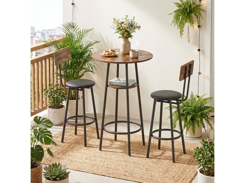  Ensemble table de bar industrielle avec 2 tabourets rembourrés, repose-pieds, étagère, marron rustique  - Conforama E