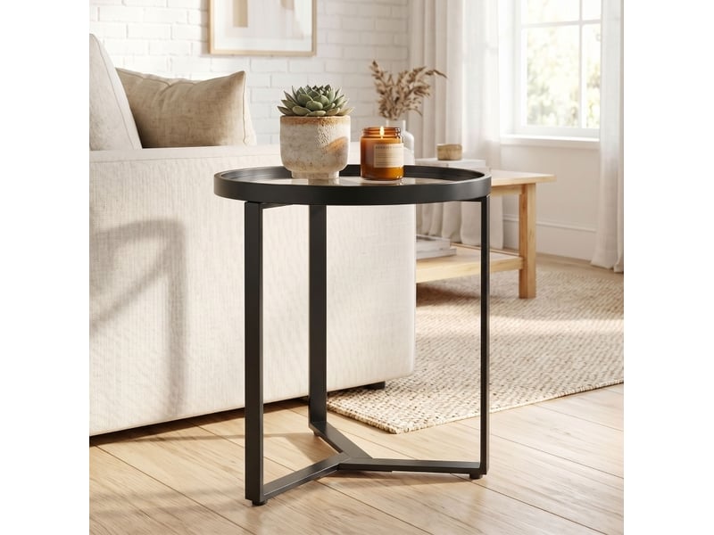  Table d'appoint ronde 45x45x50 cm plateau en verre trempé métal noir  - Conforama C