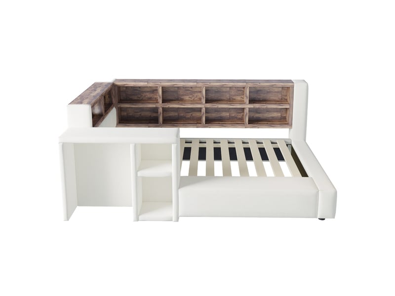  Lit rembourré, 90 x 200 cm, avec compartiments de rangement à plusieurs niveaux, éclairage led et table d'appoint, beige  - Conforama A