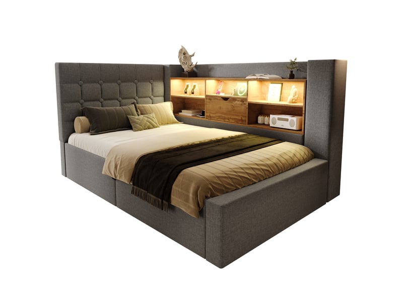 Lit coffre 90x190 cm - lit simple capitonné avec rangement hydraulique, led et ports usb type-c, tête de lit avec espace de stockage - sans matelas - lin gris - Conforama A