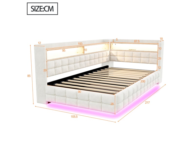 Lit banquette 90 x 200 cm beige en velours, rangement hydraulique, led et prises de recharge intégrées  - Conforama C