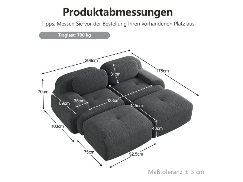  Canapé modulable 2 places modenvie sans cadre en velours côtelé gris 208 x 178 x 70 cm  - Conforama C