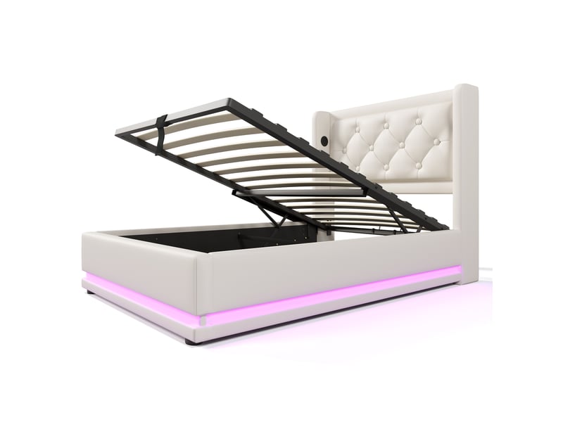  Lit rembourré 90*200 cm avec usb-c, led 3 côtés et coffre hydraulique, lit simple blanc pu, matelas inclus  - Conforama A