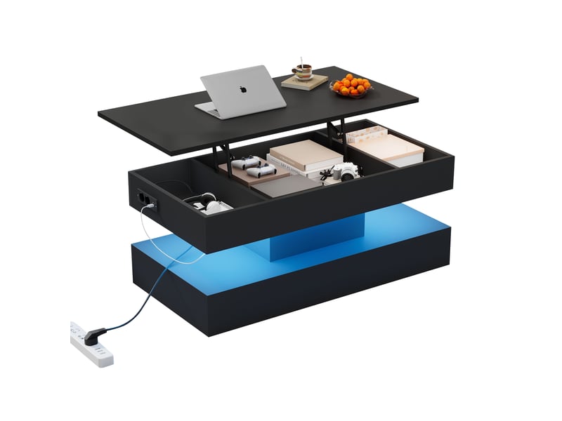  Table basse relevable rectangulaire en panneaux de particules avec lumière led,rangement caché et prises européennes intégrées,noir table basse noir - Conforama A