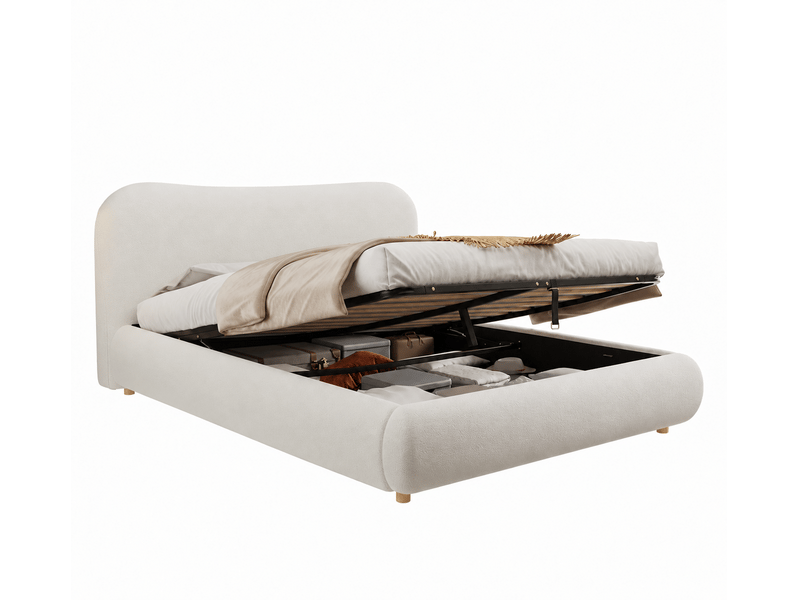 Lit coffre 180 × 200 cm en bouclé blanc avec tête de lit capitonnée Fay Lum - Conforama A