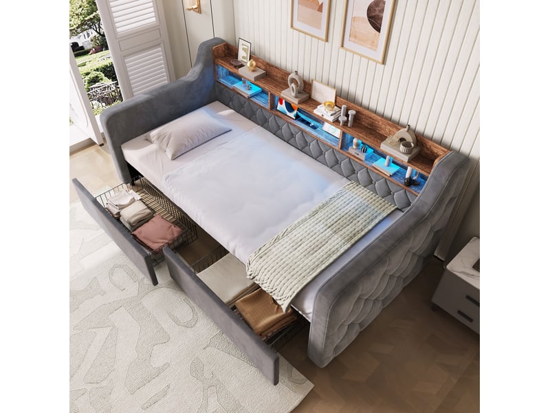  Lit simple 90x190 cm avec 2 tiroirs, led et ports de chargement en velours gris foncé  - Conforama C