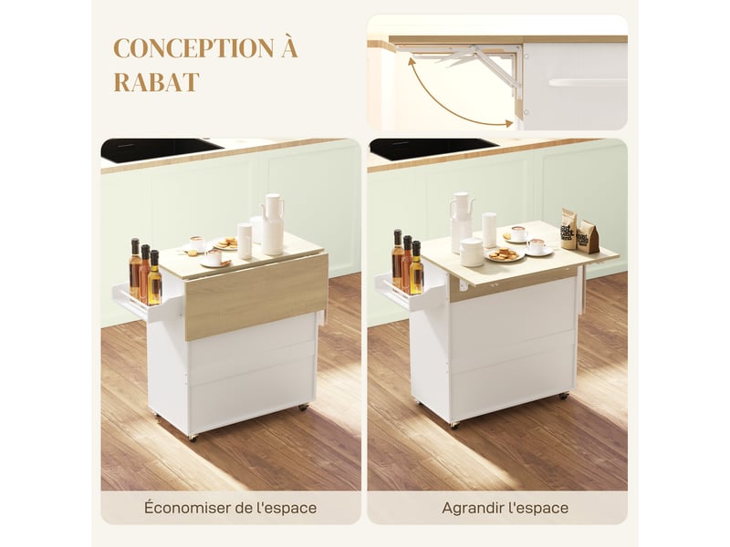  Desserte de cuisine à roulettes avec plateau rabattable 106 x 42 x 87 cm  - Conforama D