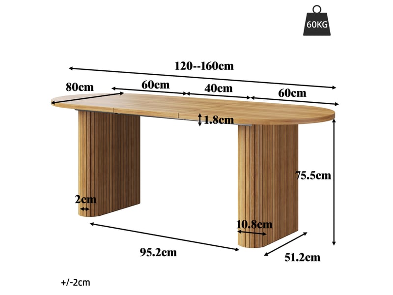  Table extensible pour 4 personnes avec plateau ovale et pieds texturés, en mdf et métal, marron, 120 × 80 × 75,5 cm  - Conforama D