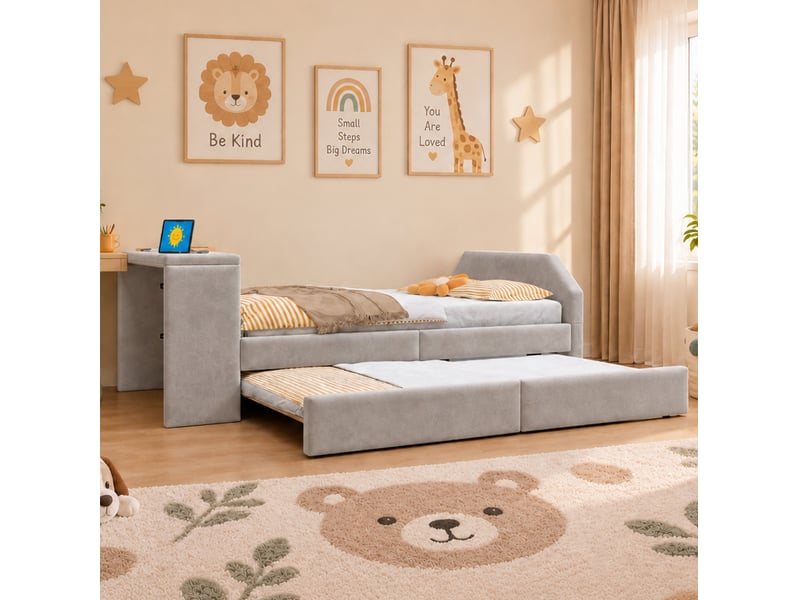  Lit enfant 90x200 cm avec bureau intégré, port usb et lit gigogne gris sans matelas  - Conforama E