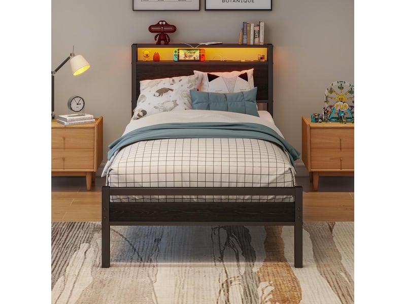  Lit simple 90x200, noir, mdf et métal, doté de prise, usb type-c, tête de lit 2 niveaux et rangement, sans matelas  - Conforama E