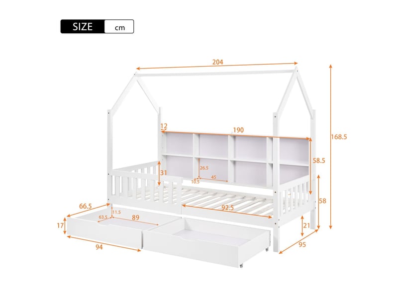  Lit cabane enfant 90x200, garde-corps sécurité lit enfant, étagères intégrées, deux tiroirs rangement, structure pin massif  - Conforama C