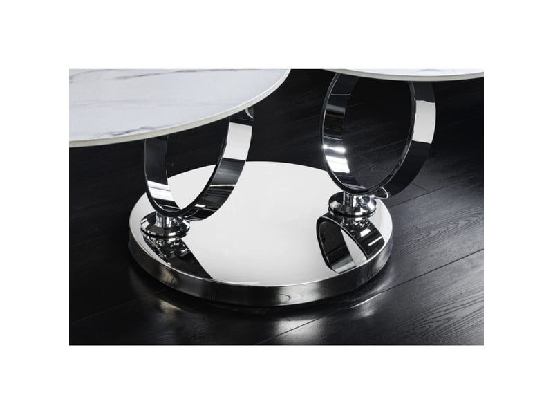  Table basse solyne 133 cm blanche effet marbre avec plateaux rotatifs et structure argentée  - Conforama D