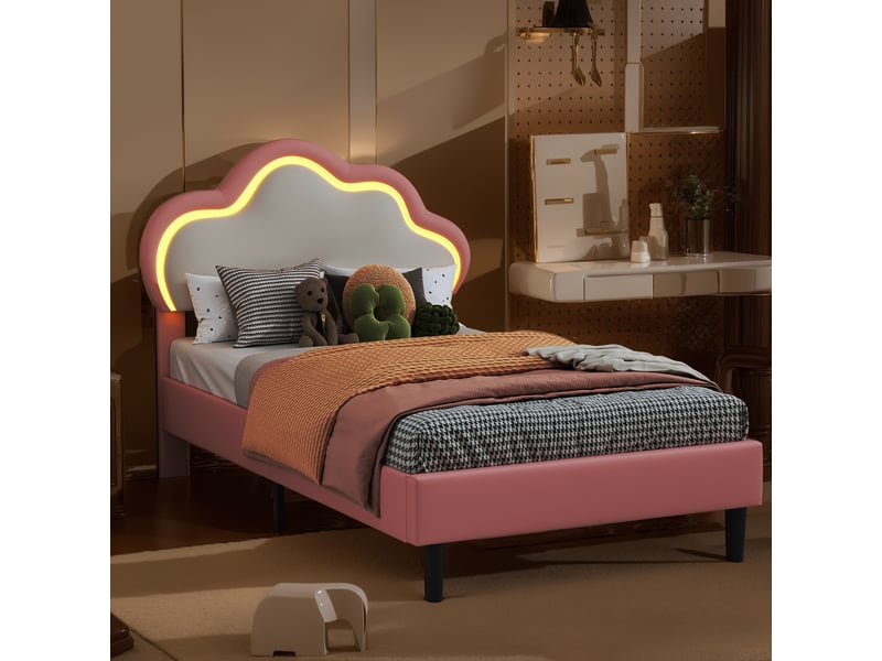 Feeohome lit enfant fille 90 x 200 cm, lit simple rembourré pour enfant avec lumière led réglable, lit princesse avec tête de lit nuage, avec tête de lit led réglable en hauteur, pu (rose) - Conforama E