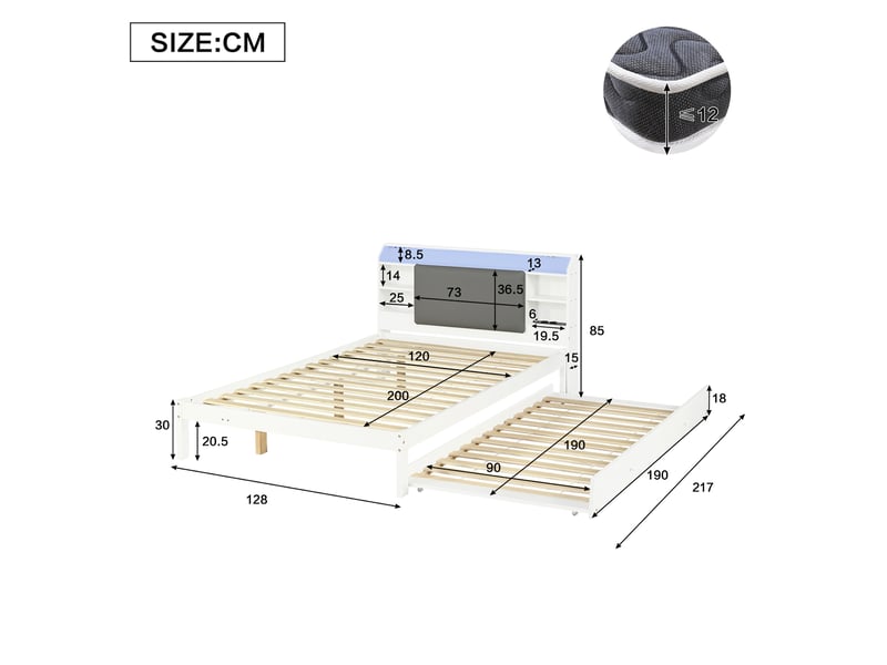  Lit jeune avec lit gigogne, 120x200 cm, led, rangement et station de charge, matelas non inclus, bois, coloris blanc  - Conforama C