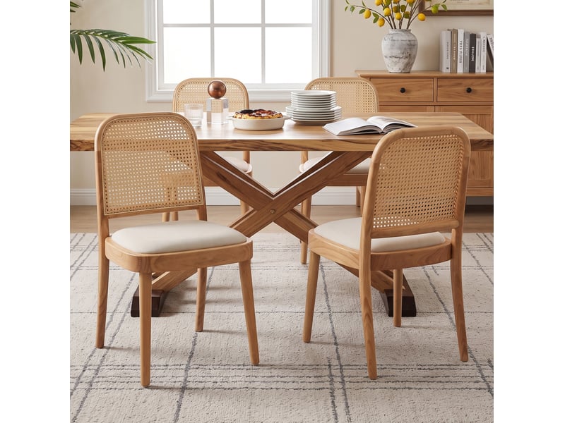  Lot de 4 chaises de salle à manger avec dossier en rotin et assise rembourrée en lin, bois clair et blanc  - Conforama B