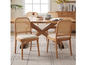 Lot de 4 chaises de salle à manger avec dossier en rotin et assise rembourrée en lin, bois clair et blanc
