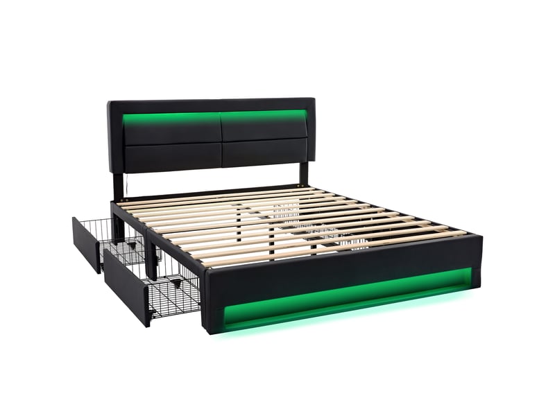  Lit adulte 140x200cm, lit double, 4 tiroirs latéraux, led, charge, tête de lit, pu, noir, sans matelas  - Conforama D