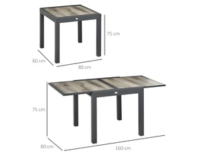 Table de jardin extensible 160x80x75 cm avec plateau aspect bois, structure en métal, beige et gris