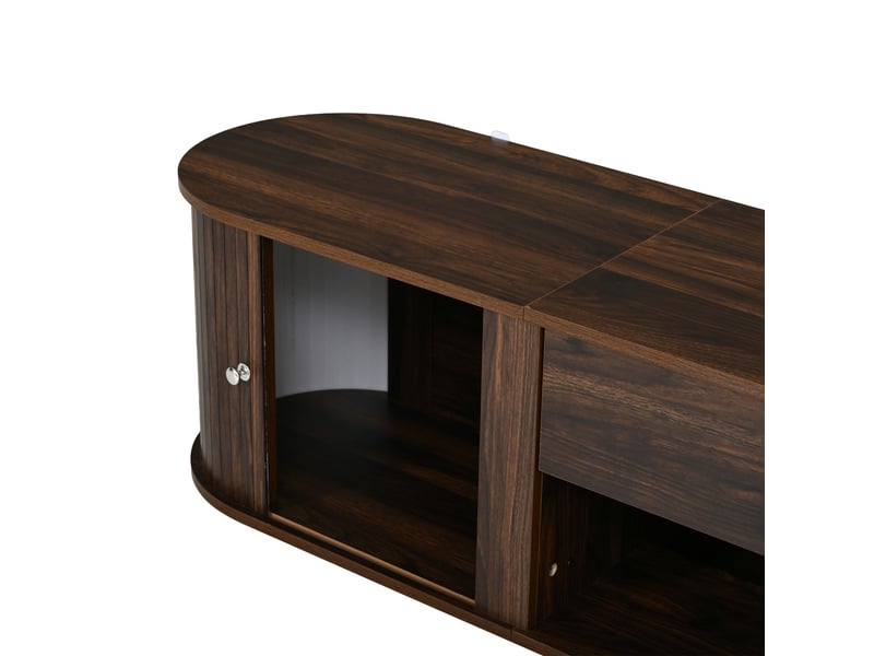  Meuble tv bas avec 2 portes coulissantes, 1 tiroir et angles arrondis, panneaux de particules, 180 × 40 × 40 cm, noyer  - Conforama E