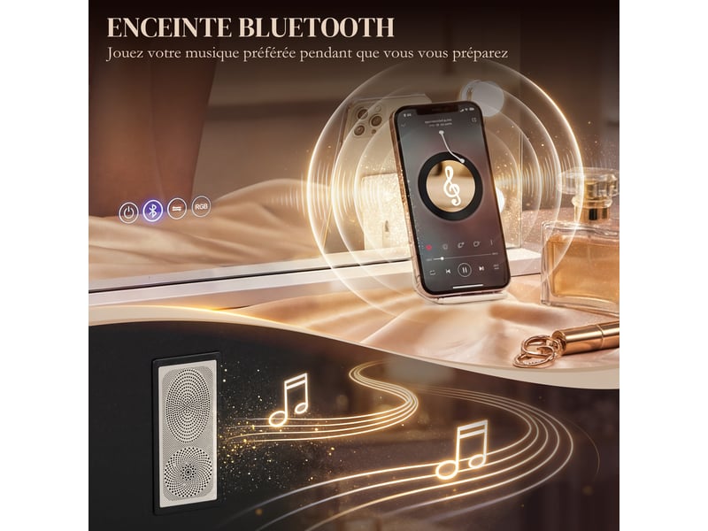  Miroir maquillage hollywood 18 ampoules led, 3 couleurs d'éclairage, lumière rgb, blanc, haut-parleur bluetooth  - Conforama W