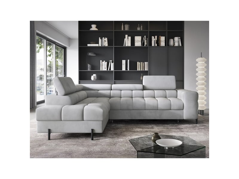  Canapé d'angle gauche ferrum gris clair avec coffre pieds métal 276x93x200cm  - Conforama D