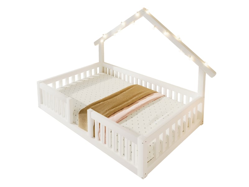  Lit cabane enfant 90 × 200 cm 1 place avec barrières de sécurité et éclairage led, sans matelas, en bois, blanc  - Conforama A